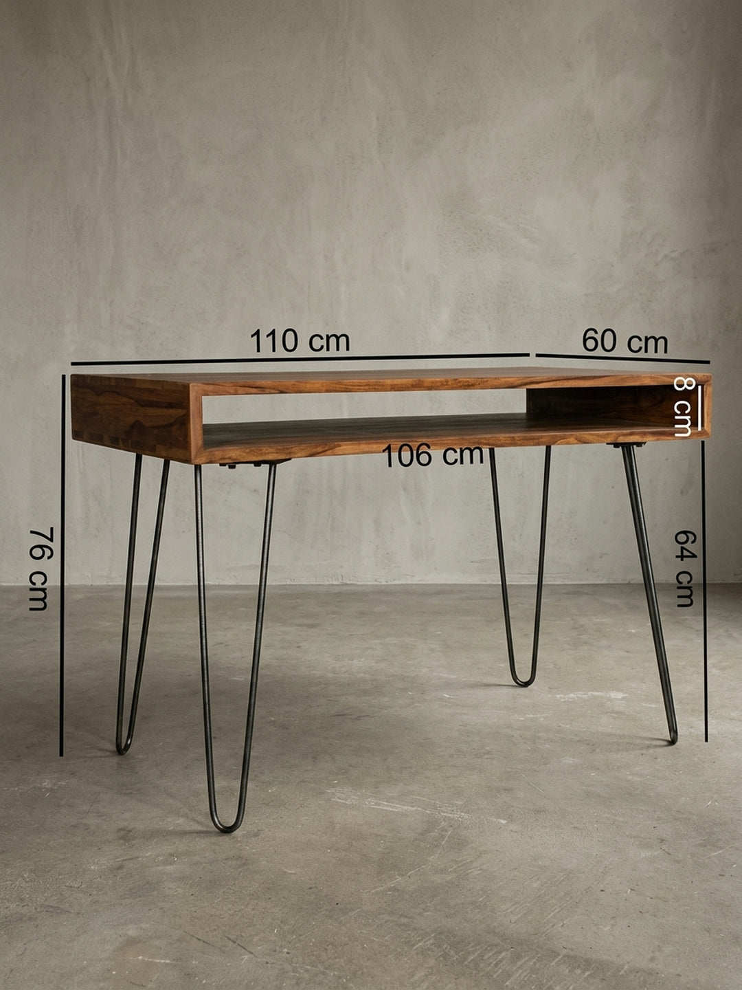Schreibtisch Sheesham Massivholz schwarz Konstruktionsdetail Nahansicht der Verbindungen und Oberfläche 60x110x76 cm Studioaufnahme_