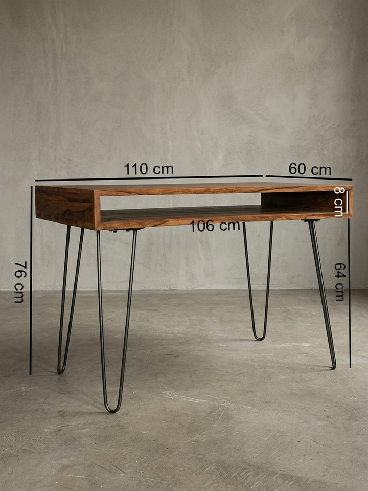 Schreibtisch Sheesham Massivholz schwarz Konstruktionsdetail Nahansicht der Verbindungen und Oberfläche 60x110x76 cm Studioaufnahme_