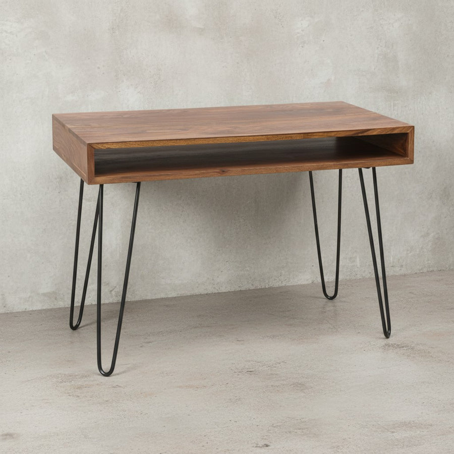 Massivholz Sheesham Schreibtisch Retro - Industrial Look_ Große Tischplatte_ Haarnadelbeine_ KADIMA DESIGN_Größe_ 110x60x76 cm_