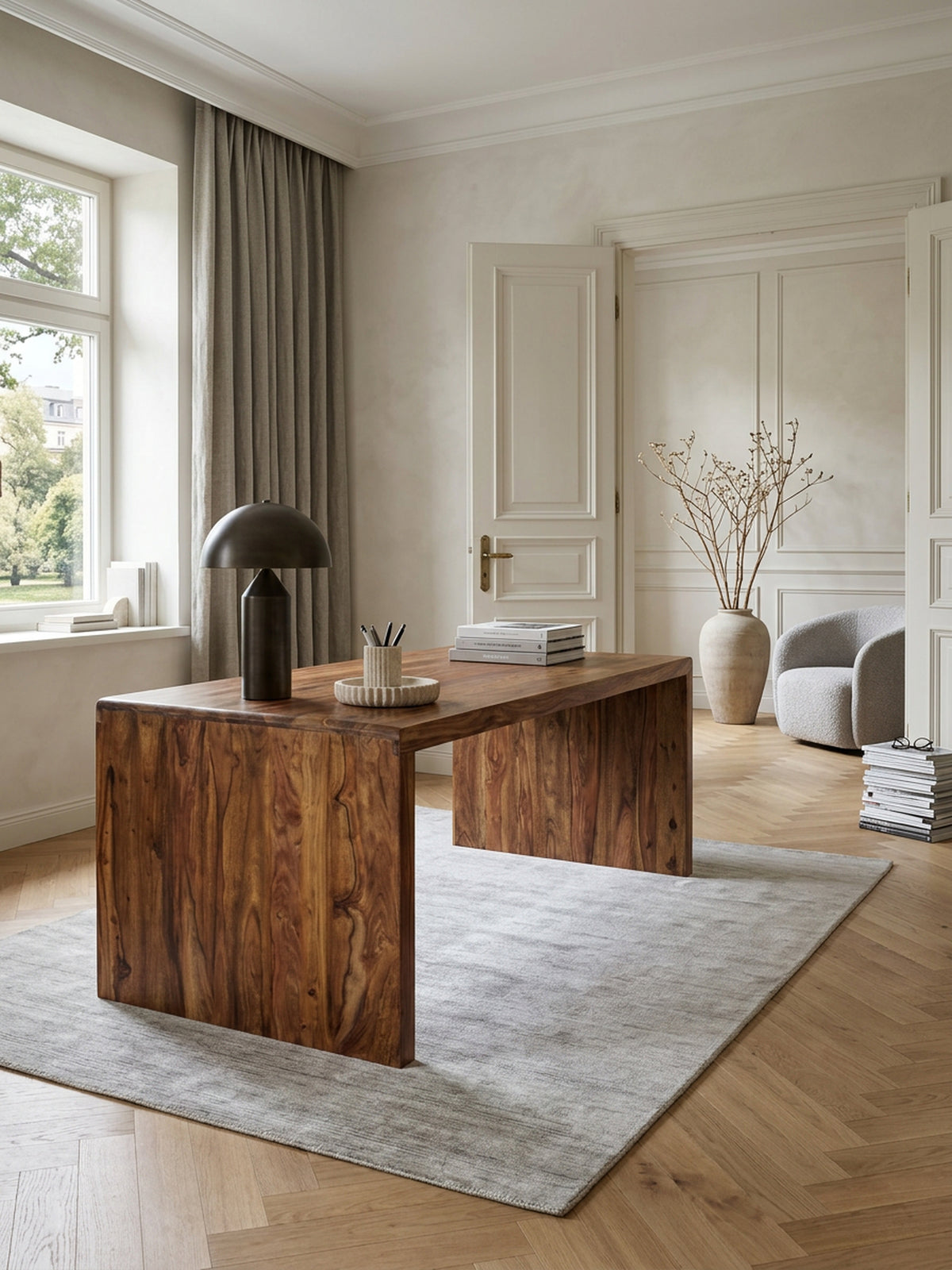 Schreibtisch TEKO  Massivholz Sheesham  160x80 cm  Stauraum  abgerundete Ecken  stabil - KADIMA DESIGN Farbe  Braun  Größe  200x100x76 cm