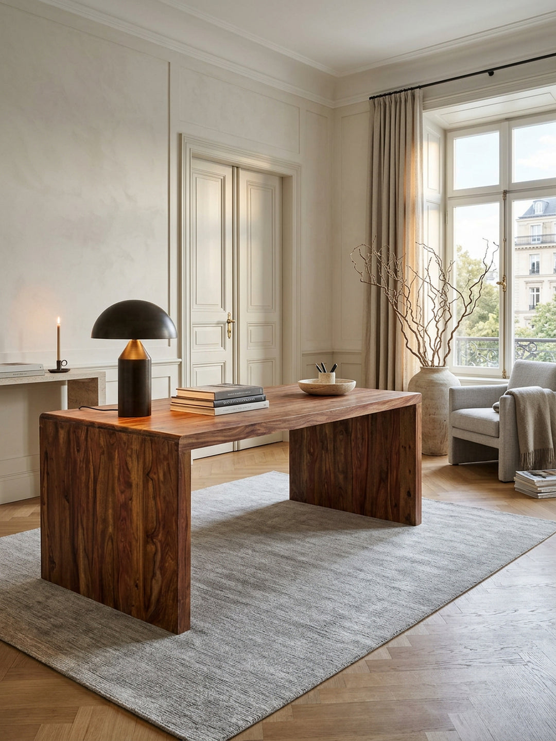 Schreibtisch TEKO_ Massivholz Sheesham_ 160x80 cm_ Stauraum_ abgerundete Ecken_ stabil - KADIMA DESIGN_Farbe_ Braun_ Größe_ 200x100x76 cm_