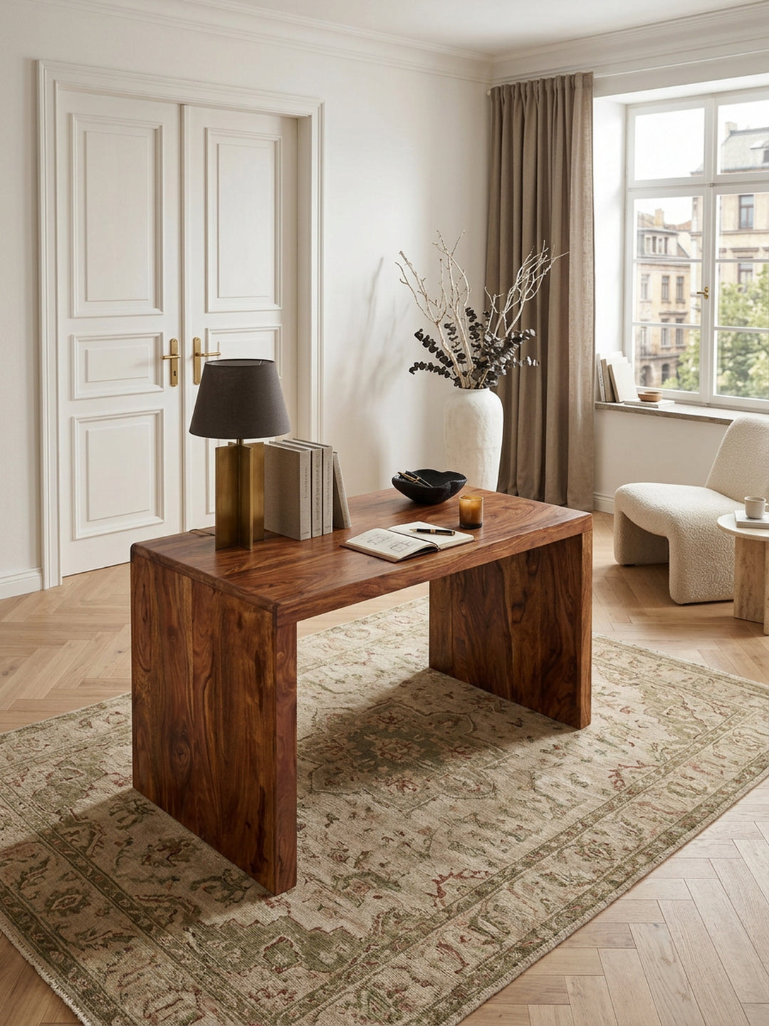 Schreibtisch TEKO_ Massivholz Sheesham_ 160x80 cm_ Stauraum_ abgerundete Ecken_ stabil - KADIMA DESIGN_Farbe_ Braun_ Größe_ 120x60x76 cm_