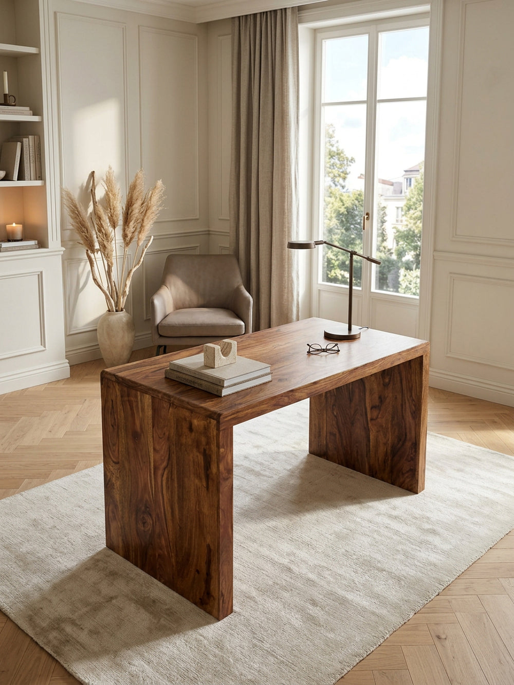 Schreibtisch TEKO_ Massivholz Sheesham_ 160x80 cm_ Stauraum_ abgerundete Ecken_ stabil - KADIMA DESIGN_Farbe_ Braun_ Größe_ 120x60x76 cm_