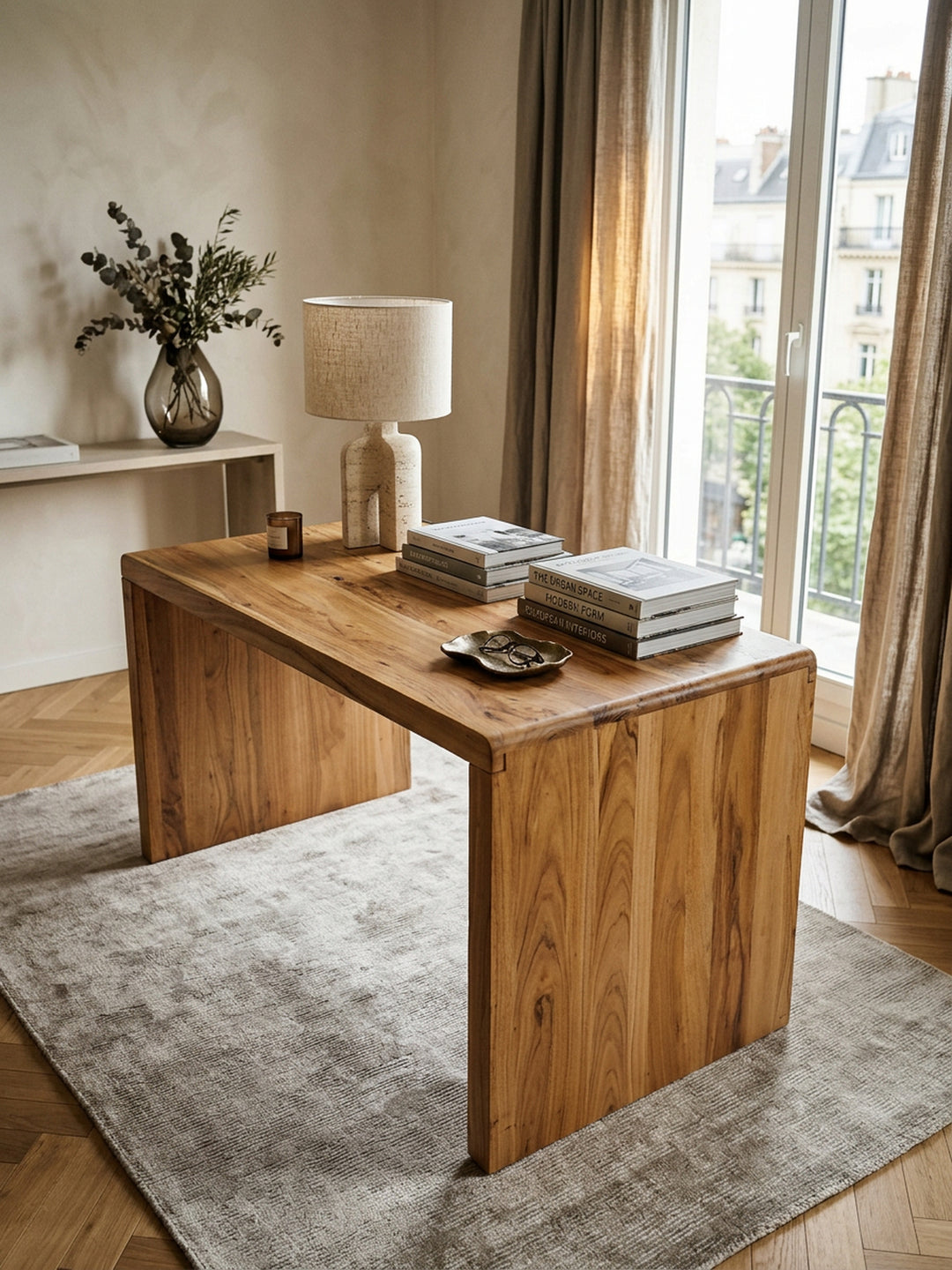 Schreibtisch TEKO_ Massivholz Sheesham_ 160x80 cm_ Stauraum_ abgerundete Ecken_ stabil - KADIMA DESIGN_Farbe_ Beige_ Größe_ 140x80x76 cm_