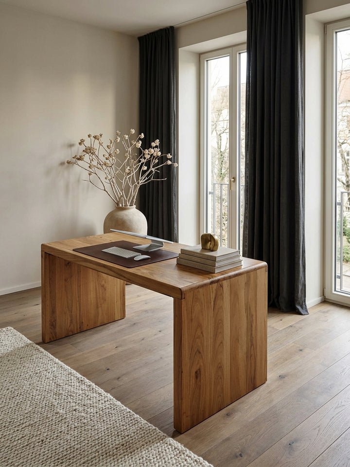 Schreibtisch TEKO_ Massivholz Sheesham_ 160x80 cm_ Stauraum_ abgerundete Ecken_ stabil - KADIMA DESIGN_Farbe_ Beige_ Größe_ 140x80x76 cm_