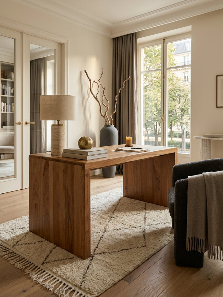 Schreibtisch TEKO_ Massivholz Akazie_ 160x80 cm_ Stauraum_ abgerundete Ecken_ stabil - KADIMA DESIGN_Farbe_ Beige_ Größe_ 160x80x76 cm_