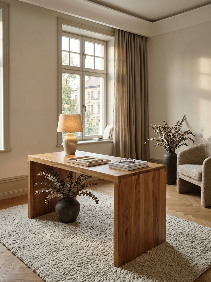 Schreibtisch TEKO_ Massivholz Akazie_ 160x80 cm_ Stauraum_ abgerundete Ecken_ stabil - KADIMA DESIGN_Farbe_ Beige_ Größe_ 160x80x76 cm_