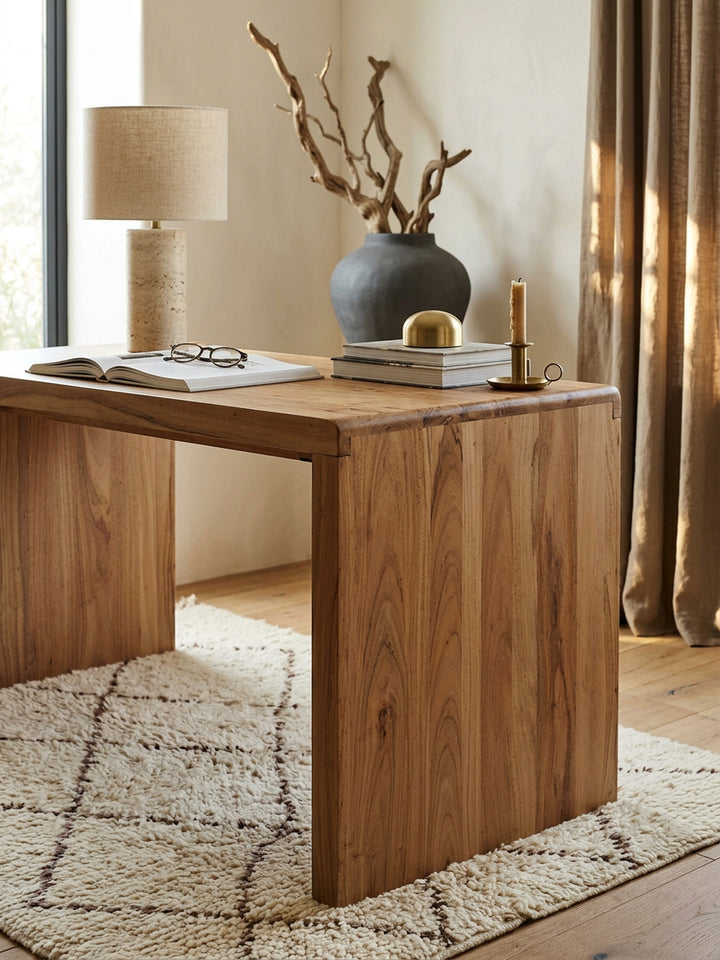 Schreibtisch TEKO_ Massivholz Akazie_ 160x80 cm_ Stauraum_ abgerundete Ecken_ stabil - KADIMA DESIGN_Farbe_ Beige_ Größe_ 160x80x76 cm_