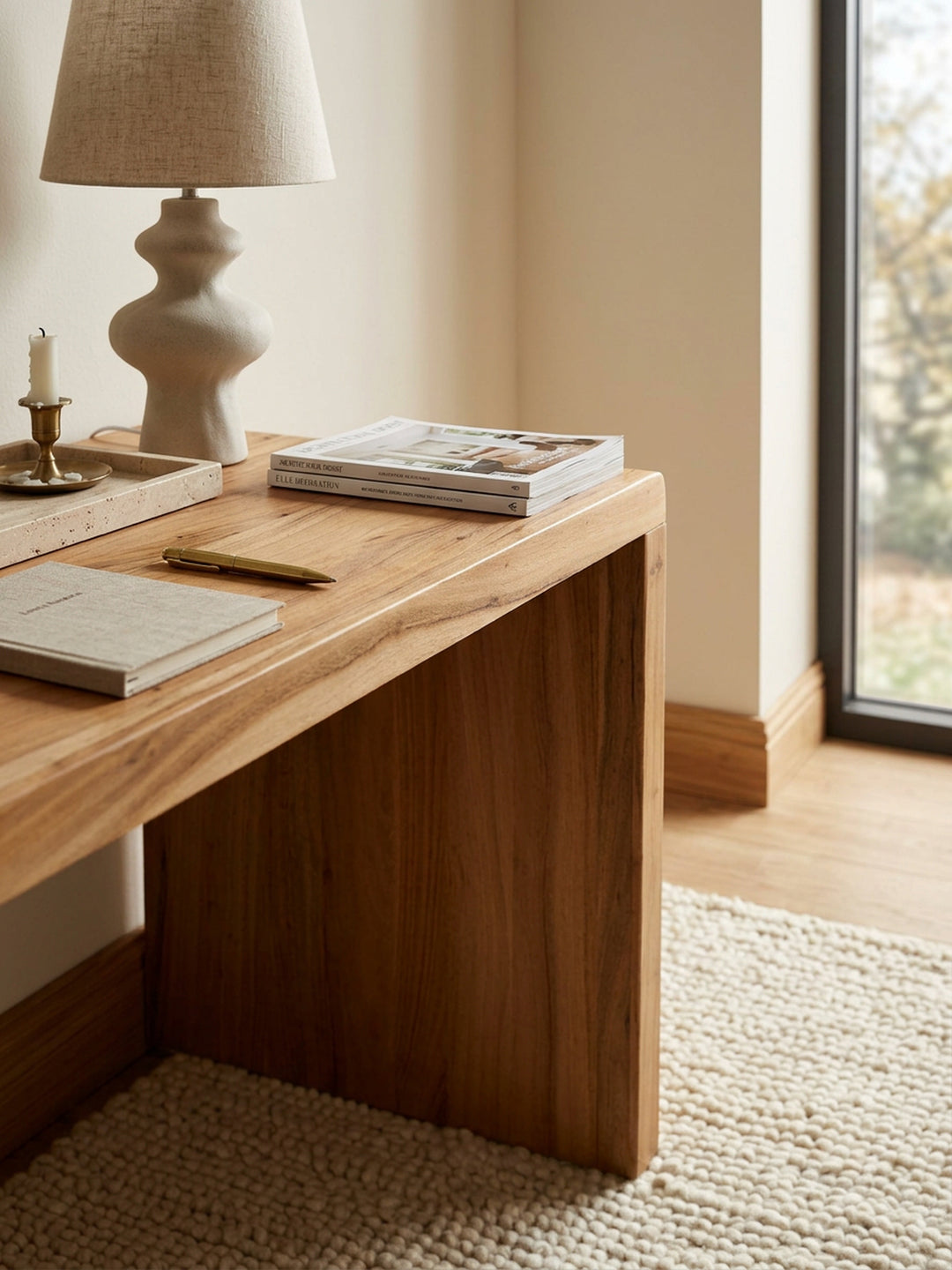 Schreibtisch TEKO_ Massivholz Akazie_ 160x80 cm_ Stauraum_ abgerundete Ecken_ stabil - KADIMA DESIGN_Farbe_ Beige_ Größe_ 160x80x76 cm_