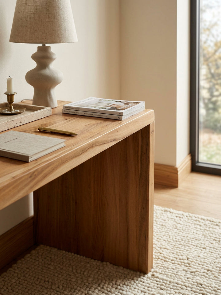 Schreibtisch TEKO_ Massivholz Akazie_ 160x80 cm_ Stauraum_ abgerundete Ecken_ stabil - KADIMA DESIGN_Farbe_ Beige_ Größe_ 160x80x76 cm_