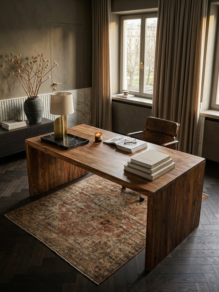 Schreibtisch TEKO_ Massivholz Sheesham_ 160x80 cm_ Stauraum_ abgerundete Ecken_ stabil - KADIMA DESIGN_Farbe_ Braun_ Größe_ 180x90x76 cm_