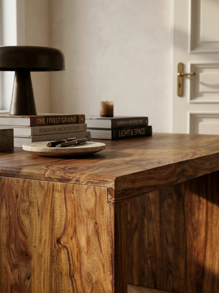 Schreibtisch TEKO_ Massivholz Sheesham_ 160x80 cm_ Stauraum_ abgerundete Ecken_ stabil - KADIMA DESIGN_Farbe_ Braun_ Größe_ 200x100x76 cm_