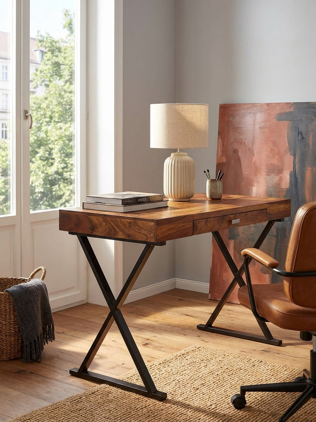 Detailaufnahme der lebendigen Maserung des massiven Sheesham Holzes von der Tischplatte des Schreibtischs, die natürliche Wärme und Handwerkskunst des Materials hervorhebend._