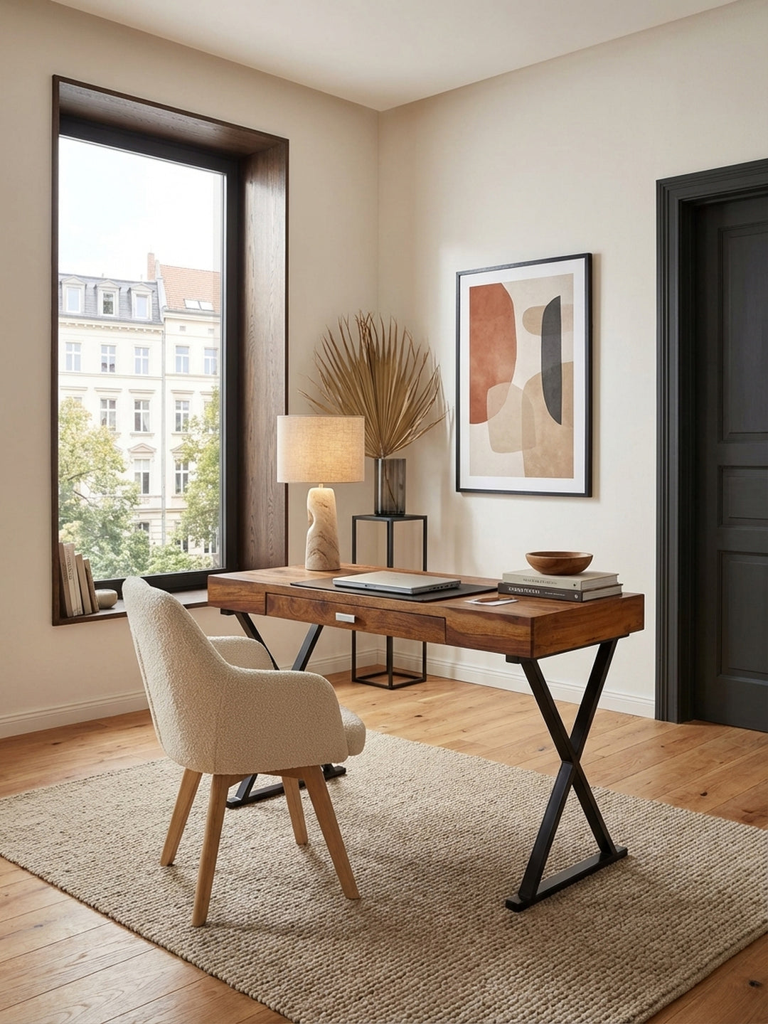 Eleganter HomeOffice Schreibtisch aus massivem Sheesham Holz mit schwarzen Metallbeinen, stilvoll in einem hellen, modernen Arbeitszimmer mit Parkettboden und einem Wollteppich._