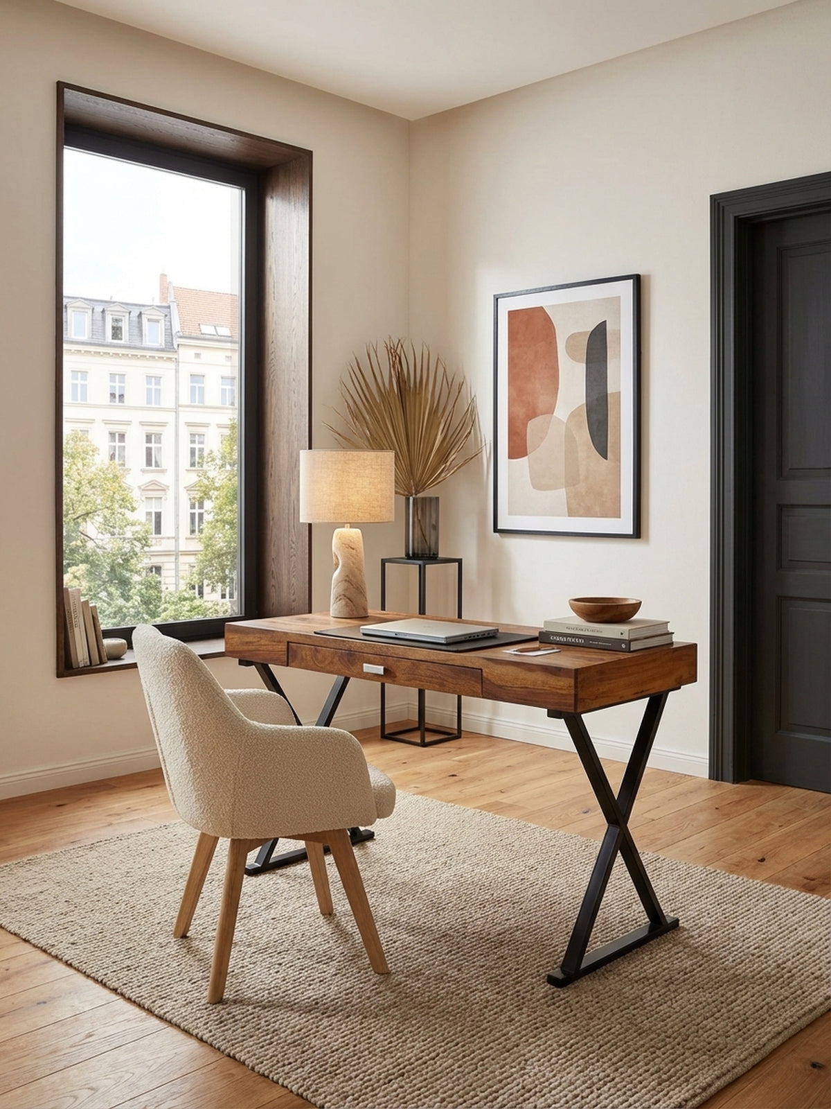 Eleganter HomeOffice Schreibtisch aus massivem Sheesham Holz mit schwarzen Metallbeinen, stilvoll in einem hellen, modernen Arbeitszimmer mit Parkettboden und einem Wollteppich._