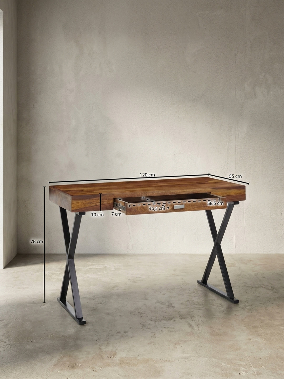 Technische Zeichnung des Schreibtischs mit exakten Maßen: Breite 120 cm, Tiefe 55 cm, Höhe 78 cm, ideal für die Planung Ihres Home Office Bereichs._