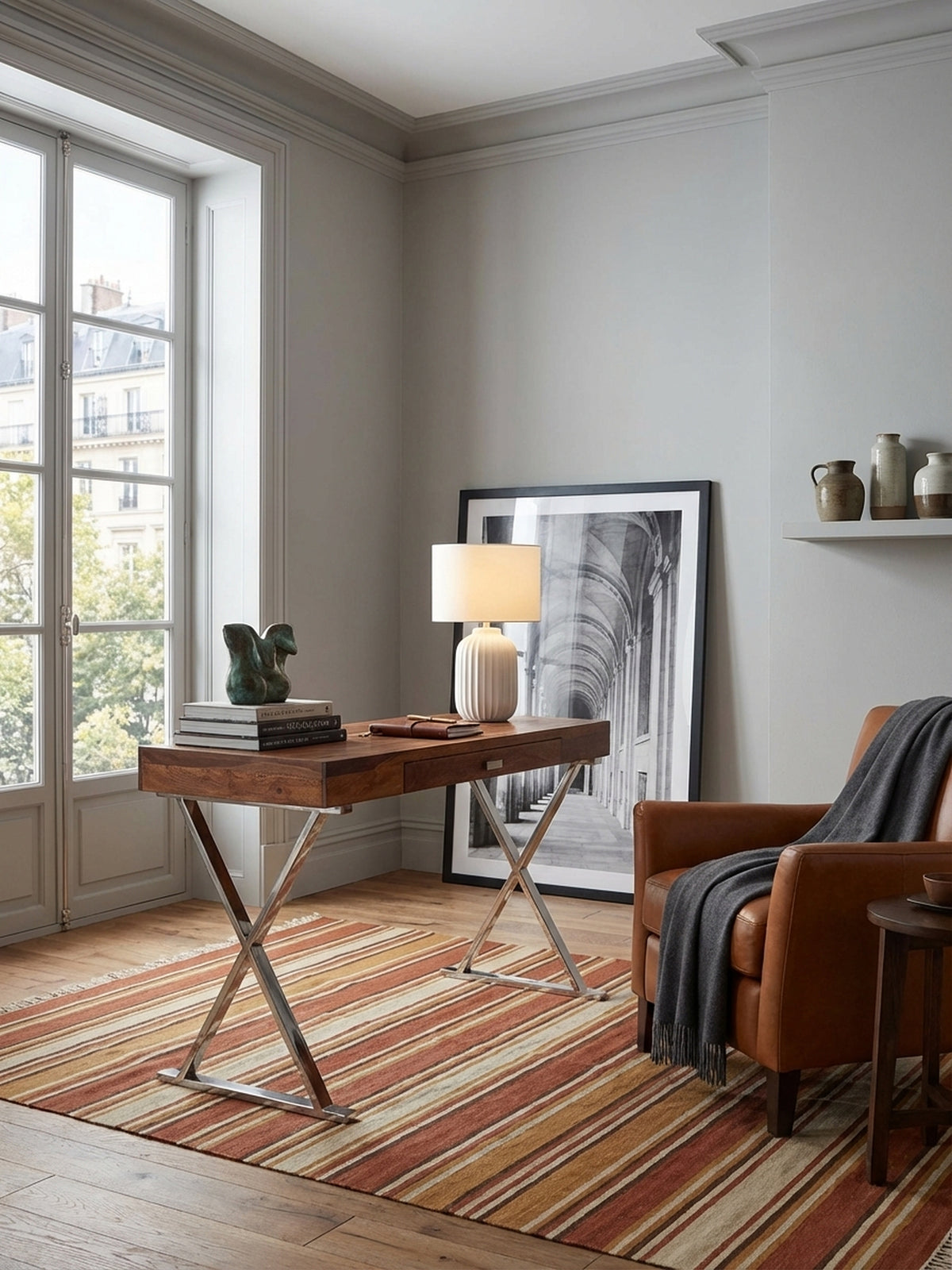 Moderner Schreibtisch aus Sheesham Massivholz im Home Office, kombiniert mit einem Designer-Stuhl auf einem Wollteppich vor einem großen Fenster.
