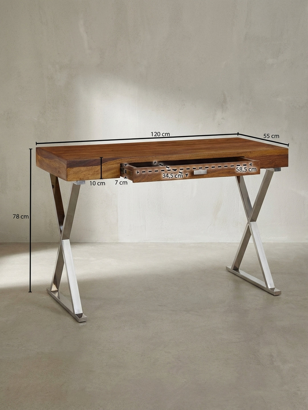 Technische Zeichnung des Schreibtischs mit allen Maßen: Breite 120 cm, Tiefe 55 cm, Höhe 78 cm und Innenmaße der Schublade._