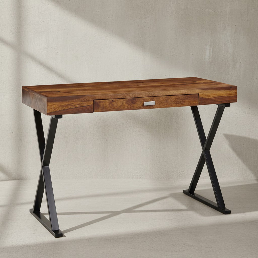 Massivholz Schreibtisch Sheesham_ X-förmiges Metallgestell_ Schublade_ 120x55x78 cm - KADIMA DESIGN_Farbe_ Schwarz_ Größe_ 120x55x78 cm_