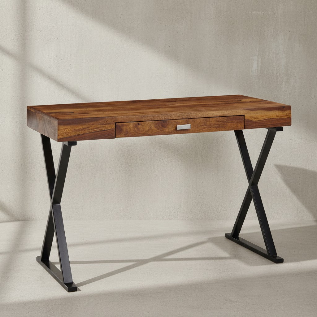 Massivholz Schreibtisch Sheesham_ X-förmiges Metallgestell_ Schublade_ 120x55x78 cm - KADIMA DESIGN_Farbe_ Schwarz_ Größe_ 120x55x78 cm_