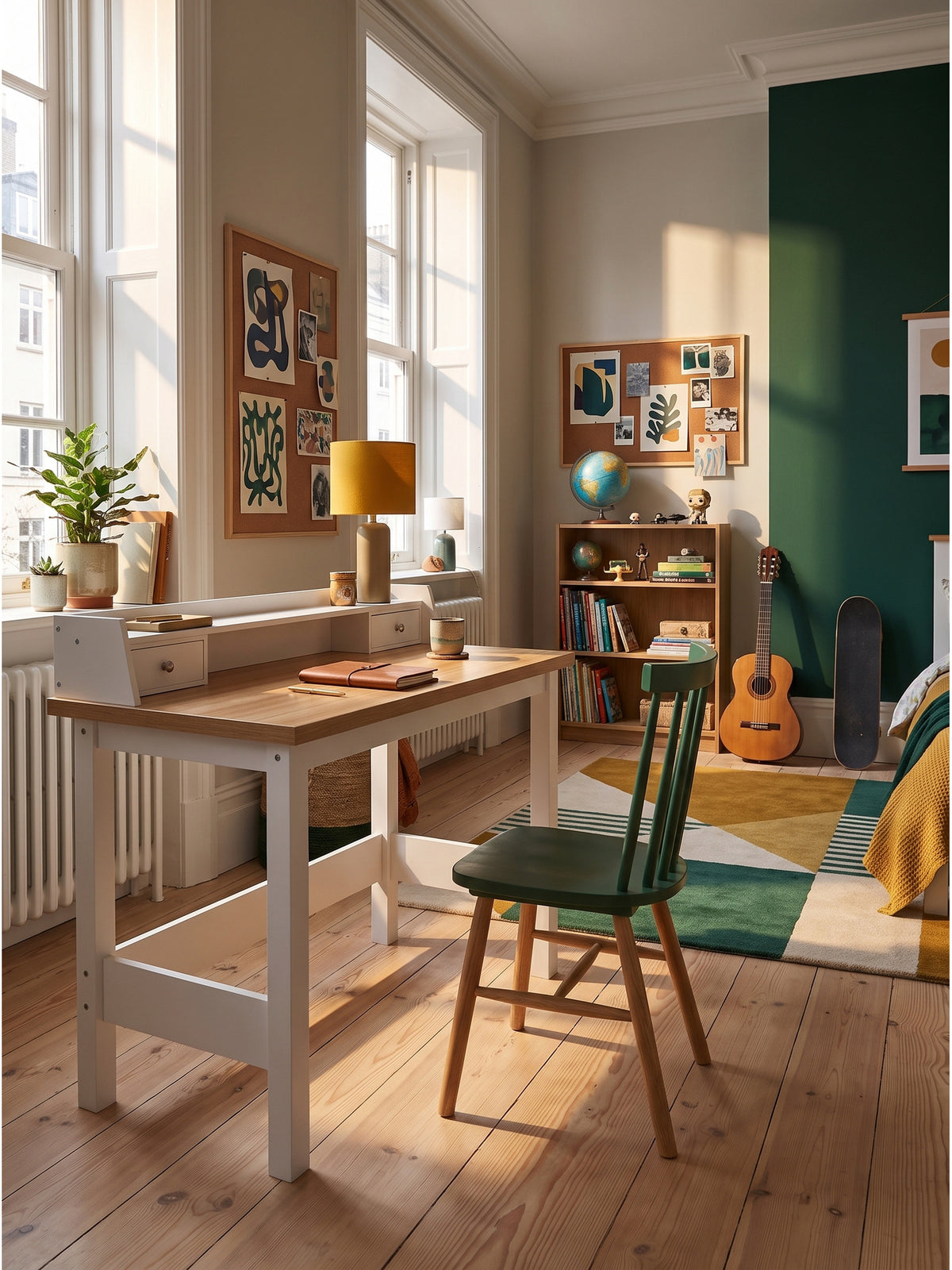 Eleganter Schreibtisch aus weißem MDF mit Eichenoptik-Platte 106x53 cm im lichtdurchfluteten Home Office vor großen skandinavischen Fenstern