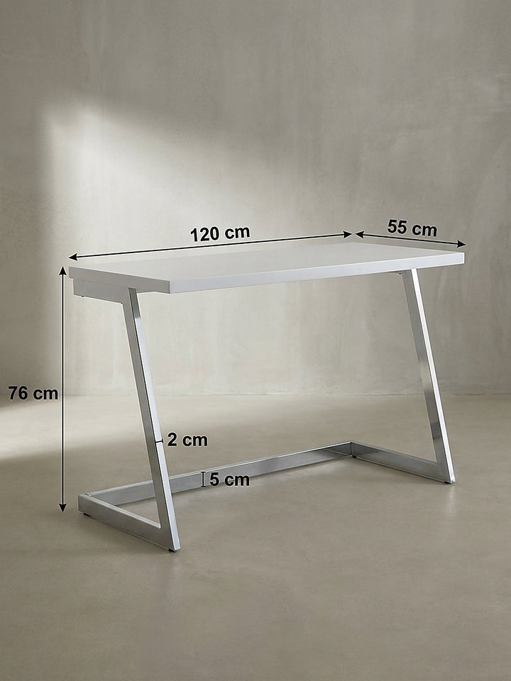 Technische Maßzeichnung des Schreibtisches mit 120x55x76 cm und genauer Angabe der Profilstärke für die exakte Raumplanung._