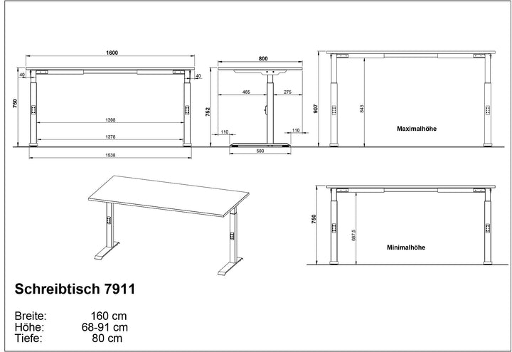 Schreibtisch höheneinstellbar 68-91 cm | Graphit 160x80cm | C-Fuß Bürotisch Ergonomisch | Made in Germany | &amp;quot;Stuttgart&amp;quot; Kadima Design_