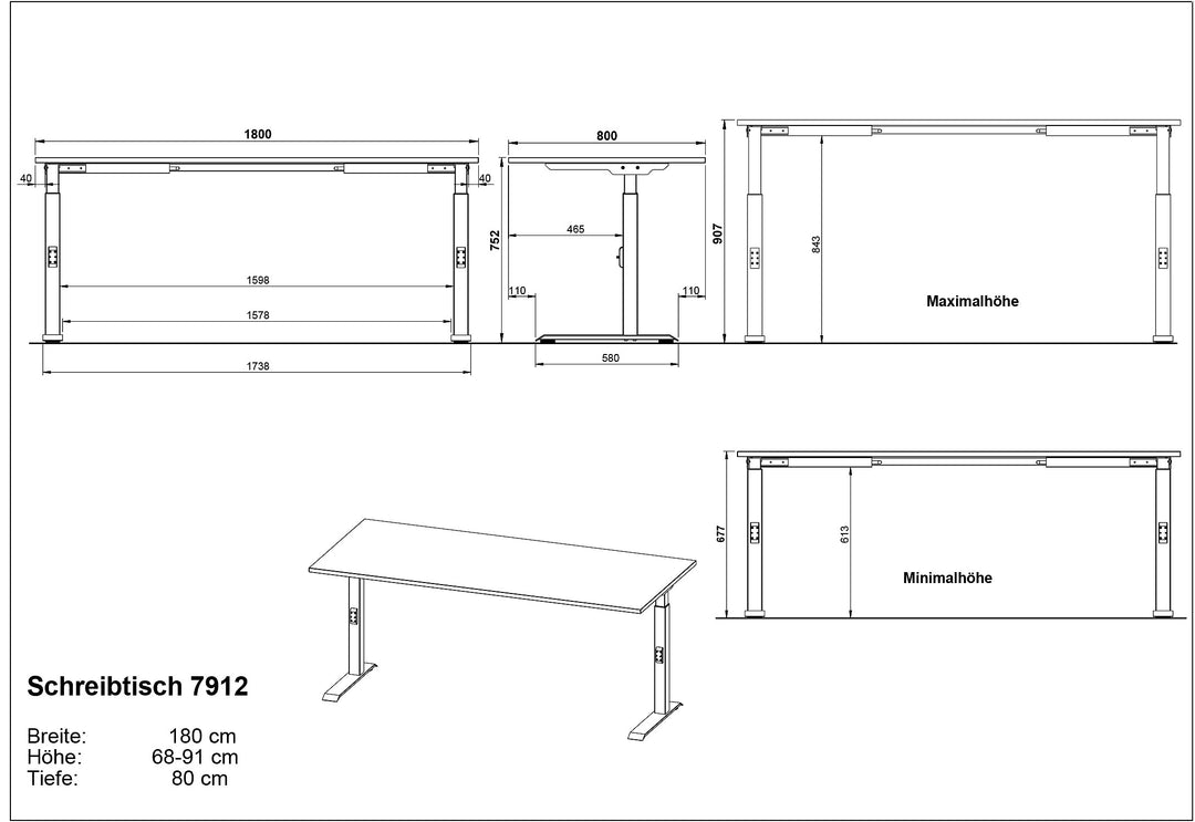 Schreibtisch höheneinstellbar 68-91 cm | Graphit 180x80cm | C-Fuß Bürotisch Ergonomisch | Made in Germany | "Stuttgart" Kadima Design_