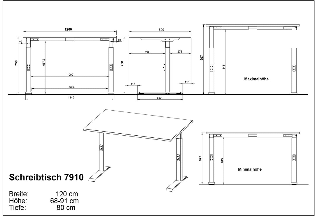 Schreibtisch verstellbar 68-91cm Höhe Ergonomisch C-Fuß Büro_