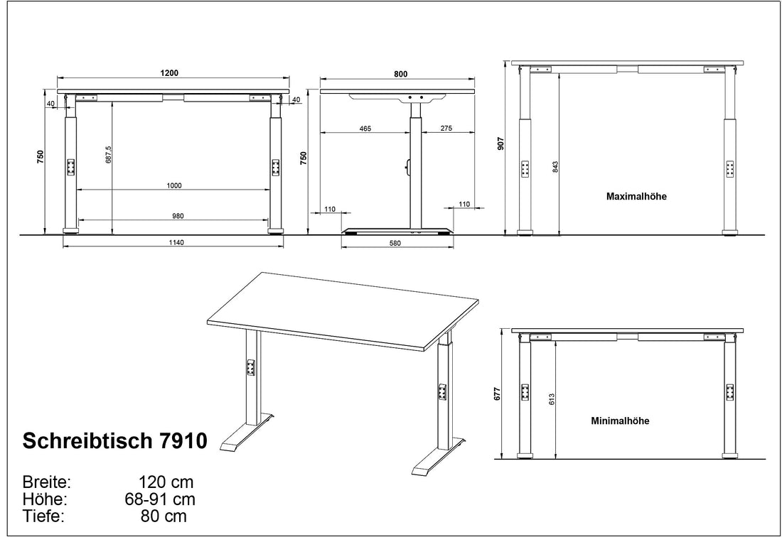 Maßzeichnung STUTTGART – Greige-Schwarz / 120x80x91 cm