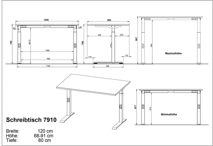 Schreibtisch verstellbar 68-91cm Höhe Ergonomisch C-Fuß Büro_