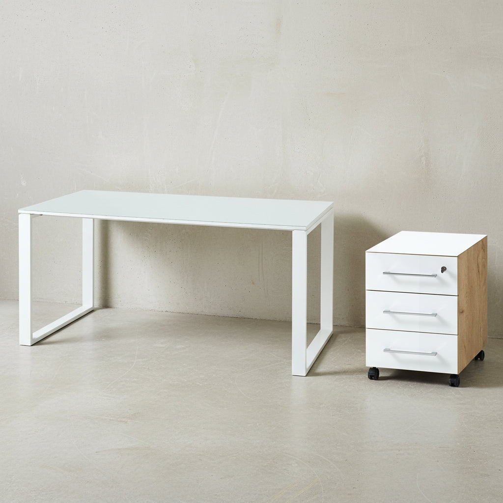 Schreibtisch-Set MUENCHEN 160x80 cm | Glasplatte &amp; Container | Chalet-Eiche-Nb./Weiß_