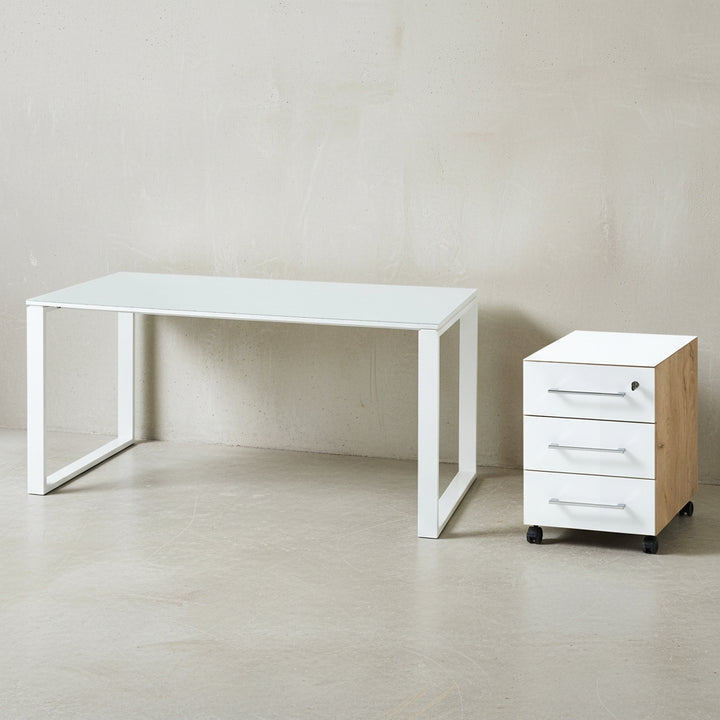Schreibtisch-Set MUENCHEN 160x80 cm | Glasplatte &amp;amp; Container | Chalet-Eiche-Nb./Weiß_