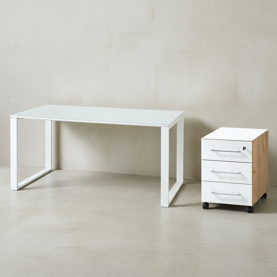 Schreibtisch-Set MUENCHEN 160x80 cm | Glasplatte &amp; Container | Chalet-Eiche-Nb./Weiß_