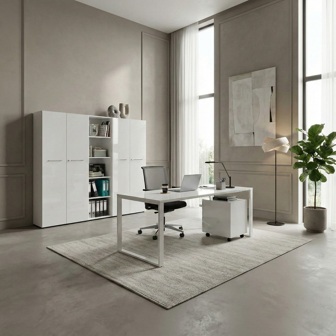 Schreibtisch-Set MUENCHEN 160x80 cm Weiß | Glasplatte &amp; Container_