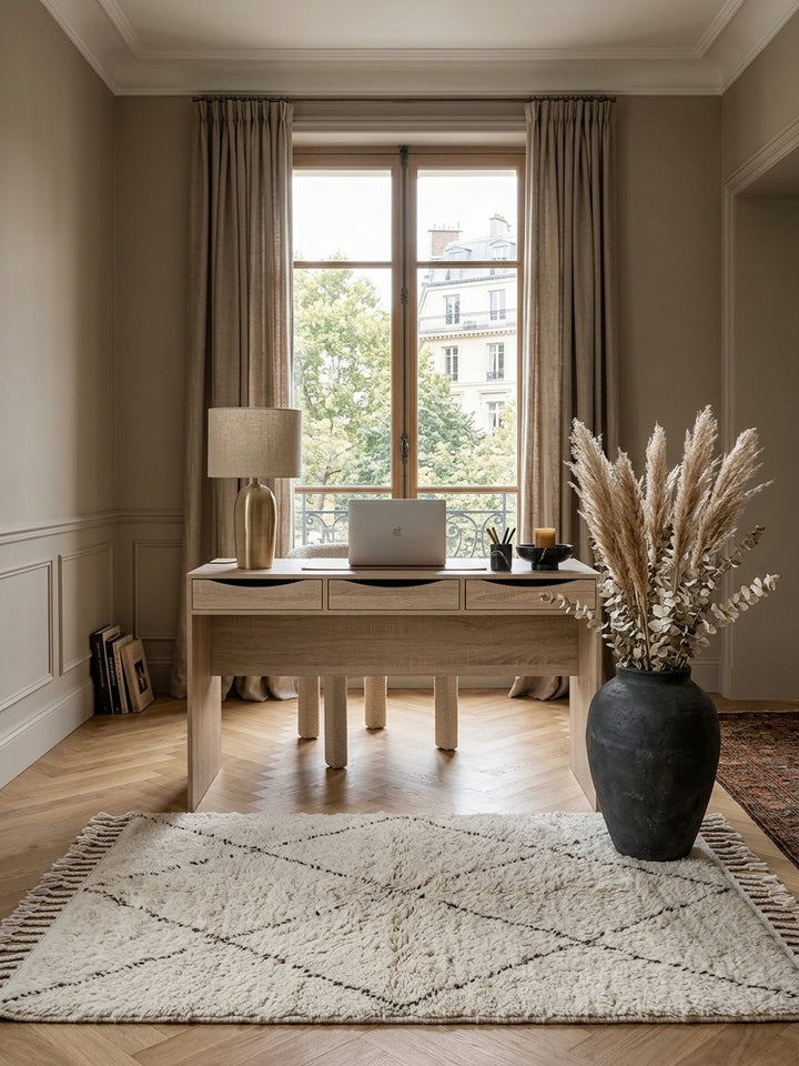 Schreibtisch aus Eiche Massivholz mit Schublade in modernem Home Office mit Teppich und stimmungsvoller Beleuchtung 55x120x75 cm_
