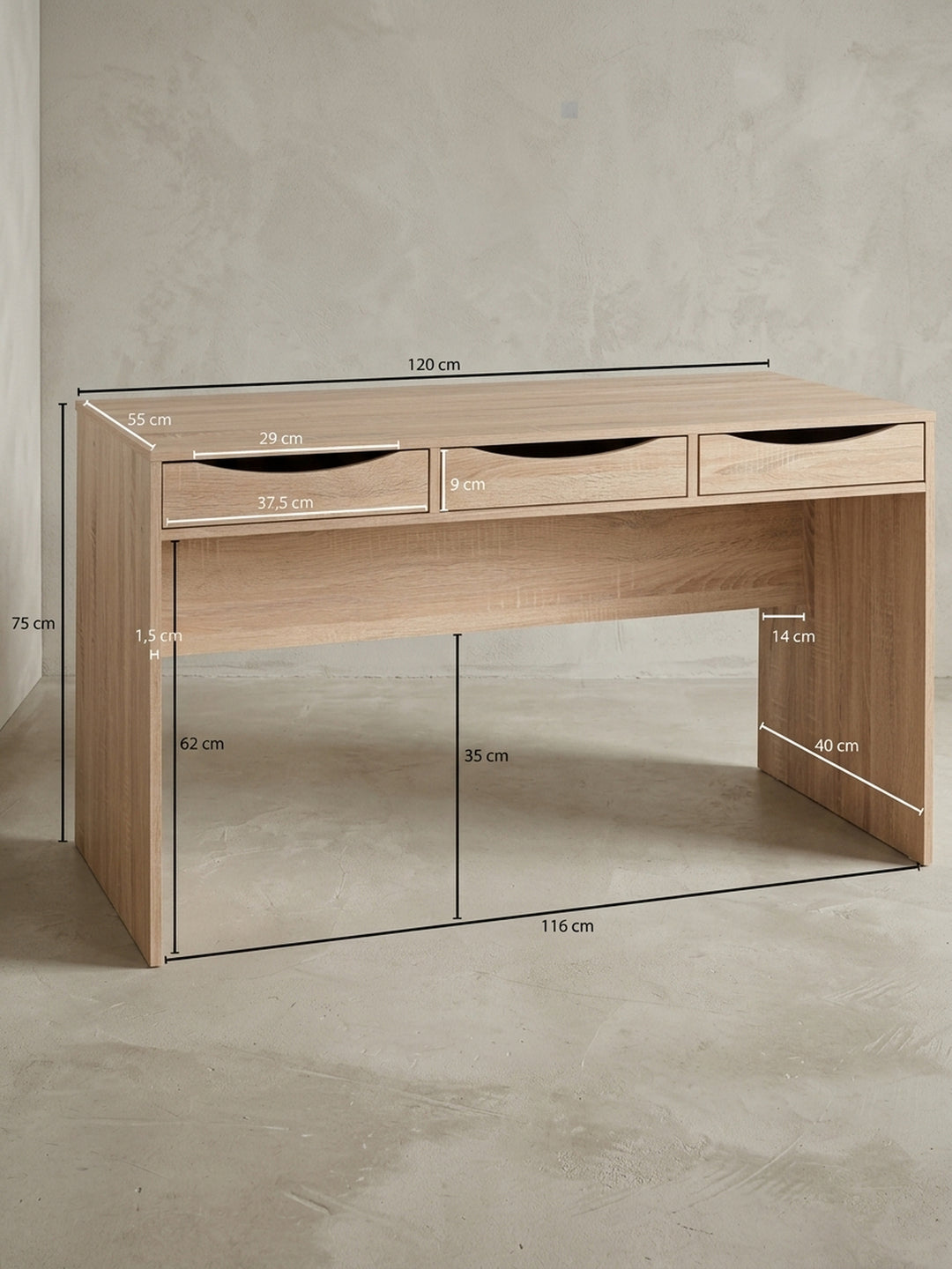 Detailansicht Schreibtisch aus Eiche Massivholz zeigt Verarbeitung und Materialqualität mit Schublade 55x120x75 cm_