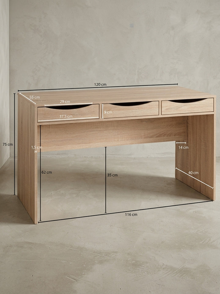 Detailansicht Schreibtisch aus Eiche Massivholz zeigt Verarbeitung und Materialqualität mit Schublade 55x120x75 cm_