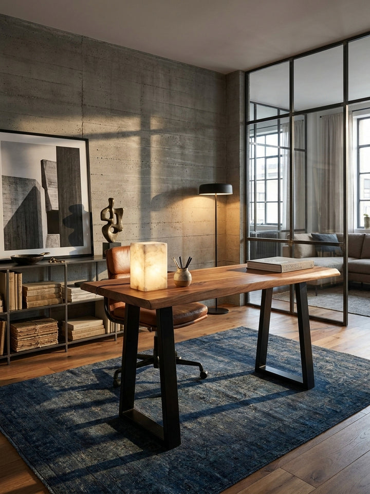 Ein Home-Office Schreibtisch aus Akazie Massivholz mit Baumkante, stilvoll eingerichtet in einem urbanen Loft-Arbeitszimmer mit Betonwand und Vintage-Perserteppich._