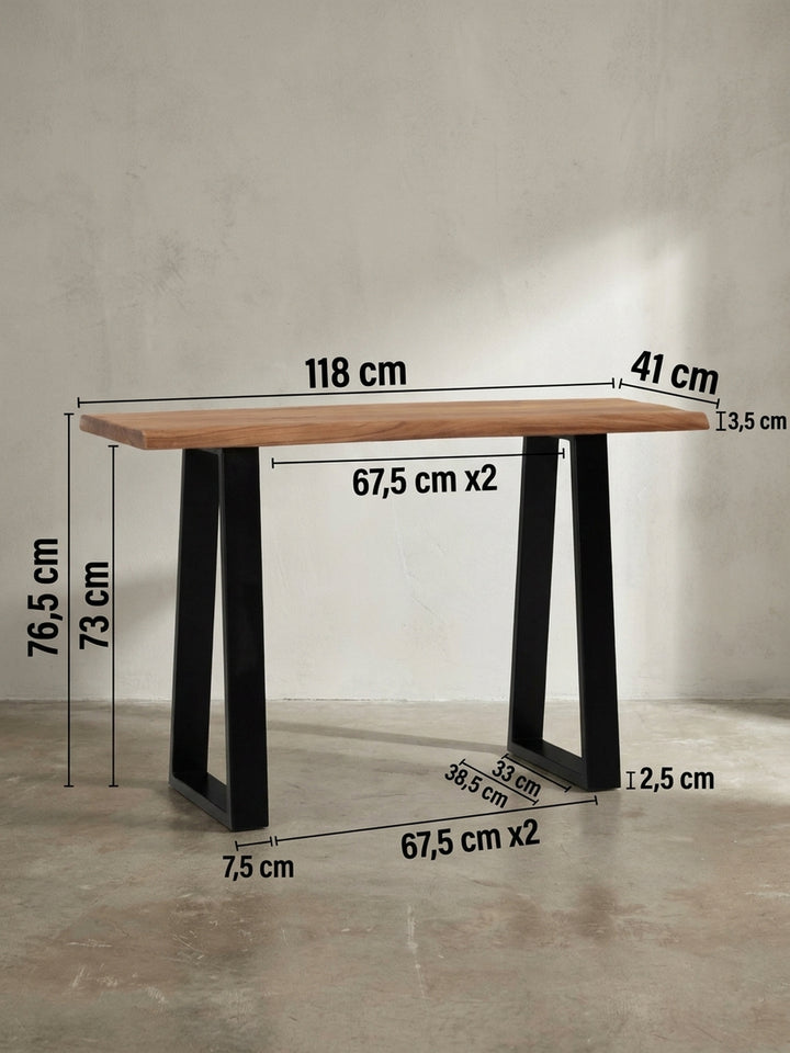 Technische Zeichnung des Schreibtischs mit genauen Maßen: 118 cm Breite, 76,5 cm Höhe und ca. 41 cm Tiefe, perfekt für die Planung von kleineren Arbeitsbereichen._