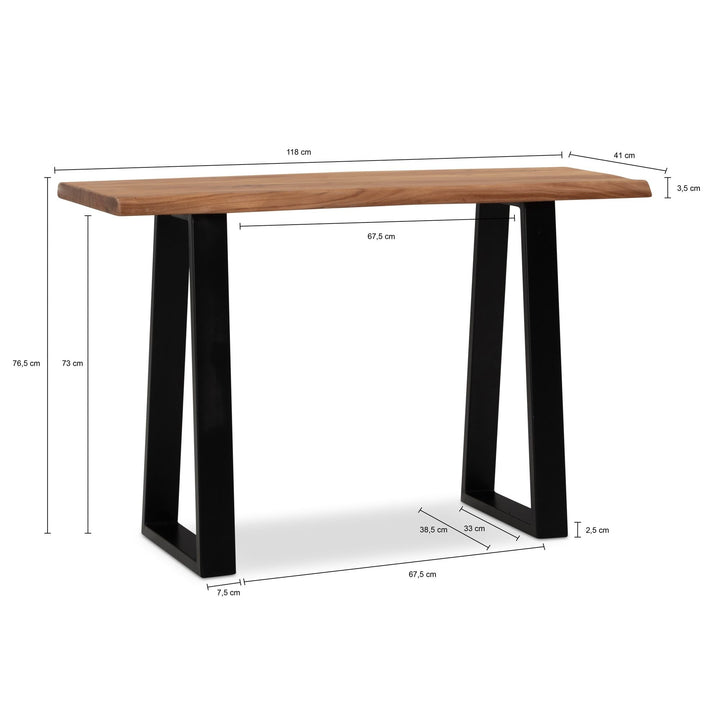Schmaler Laptoptisch aus Massivholz mit handgefertigter Baumkante und stabilem Metallunterbau für kleine Räume von Kadima Design_