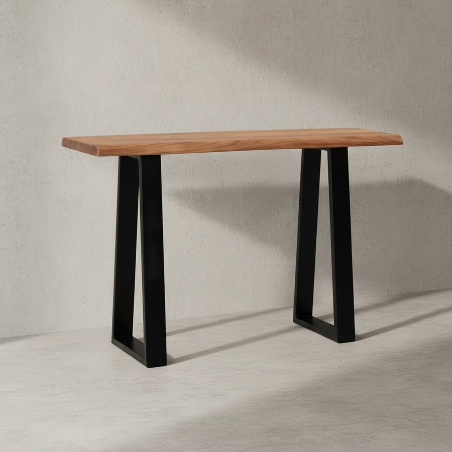 Schreibtisch aus Massivholz Akazie 118x41cm mit Live-Edge Baumkante und schwarzem Metallgestell im Industrial Design von Kadima Design_