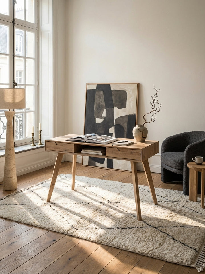 Eleganter skandinavischer Schreibtisch aus Eiche in einem lichtdurchfluteten Home Office mit Holzboden und bequemen Sessel._