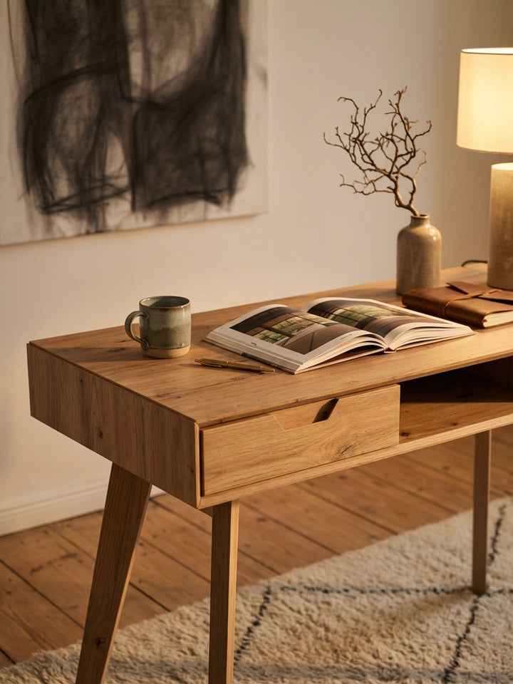 Detailansicht des HomeOffice Laptoptischs mit einer Tasse Kaffee und einem Notizbuch auf der Tischplatte aus Eiche, bereit für einen produktiven Tag._