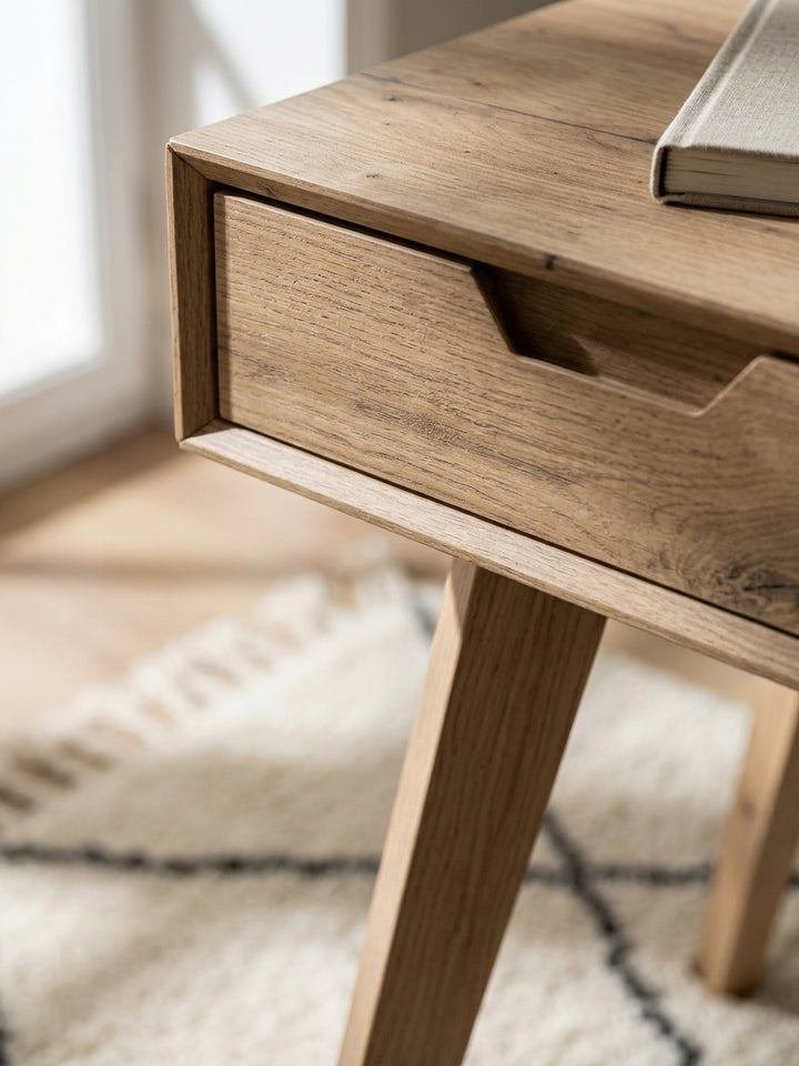 Nahaufnahme der markanten Holzmaserung des Schreibtischs in Eiche Dekor, die die natürliche und warme Haptik der Oberfläche zeigt._