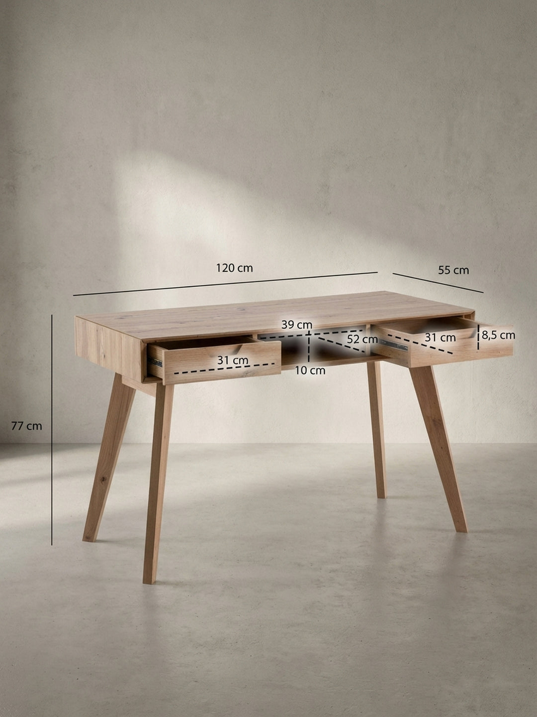 Technisches Bild des Schreibtisches mit genauen Maßen: Breite 120 cm, Tiefe 55 cm und Höhe 77 cm für eine präzise Raumplanung._