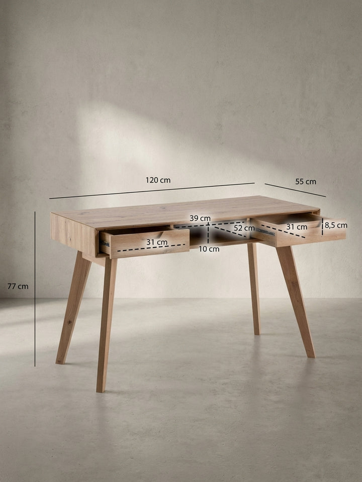 Technisches Bild des Schreibtisches mit genauen Maßen: Breite 120 cm, Tiefe 55 cm und Höhe 77 cm für eine präzise Raumplanung._