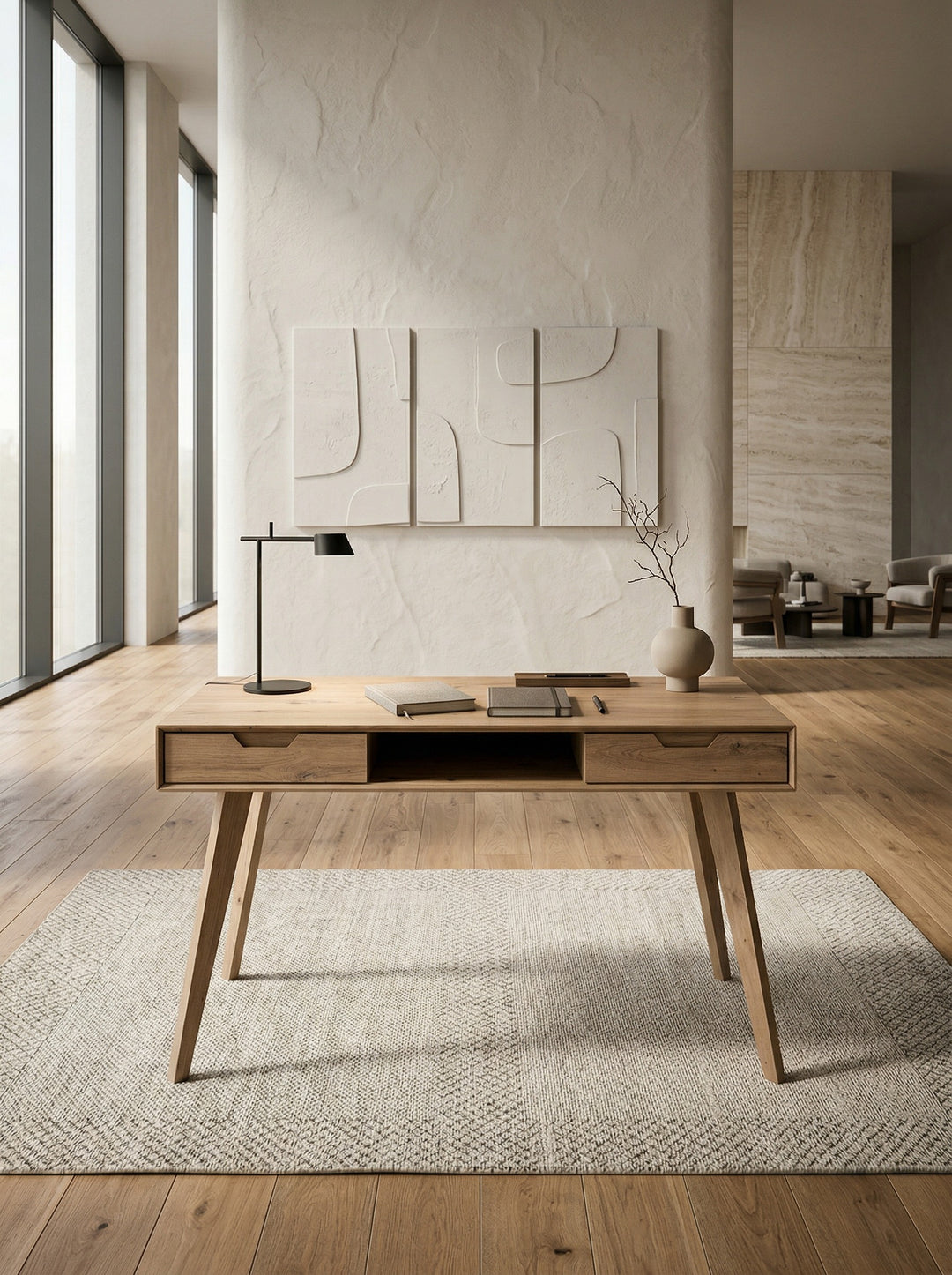 Computertisch mit massiven Eichenbeinen und offenem Staufach - ergonomische 77 cm Höhe für optimales Arbeiten von Kadima Design_