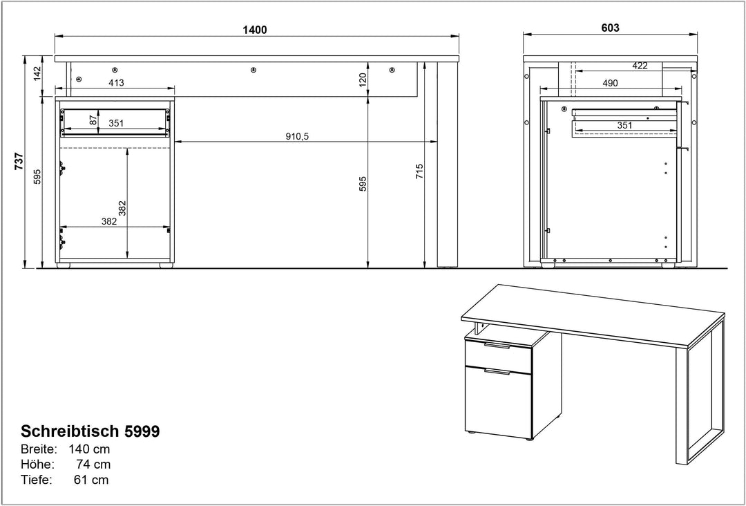 Schreibtisch mit Container in Weiß-Beige_ 140x61x74_ Metallkufen_ Stoßfest_ SAGE-Serie von Kadima Design_Größe_ 140x61x74 cm_