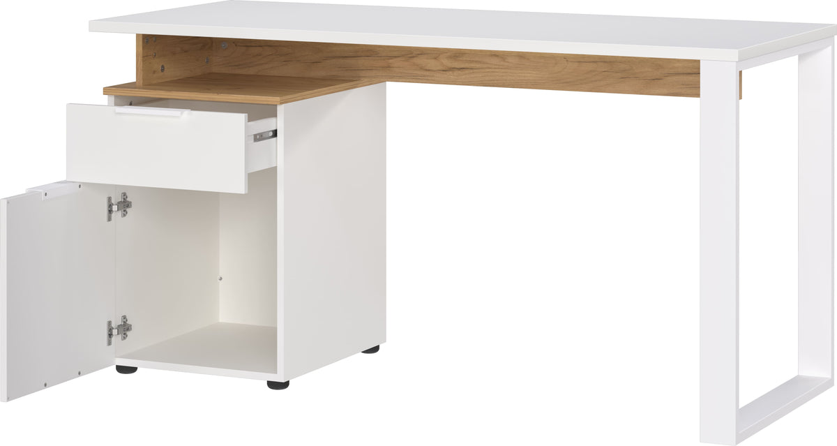 Schreibtisch mit Container in Weiß-Beige_ 140x61x74_ Metallkufen_ Stoßfest_ SAGE-Serie von Kadima Design_Größe_ 140x61x74 cm_